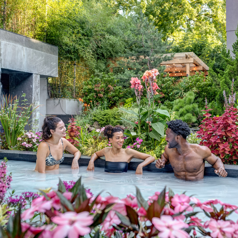 Architecture and Lifestyle Photography of a Group of Friends Relaxing at SoJo Spa Club's Silk Bath in Edgewater New Jersey