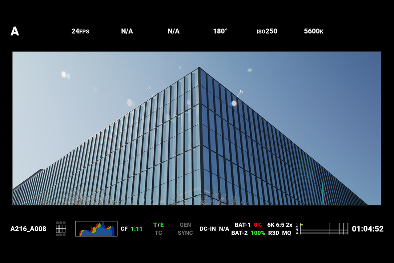 Red Digital Cinema monitor screen of Bell Works exterior in Holmdel New Jersey. 