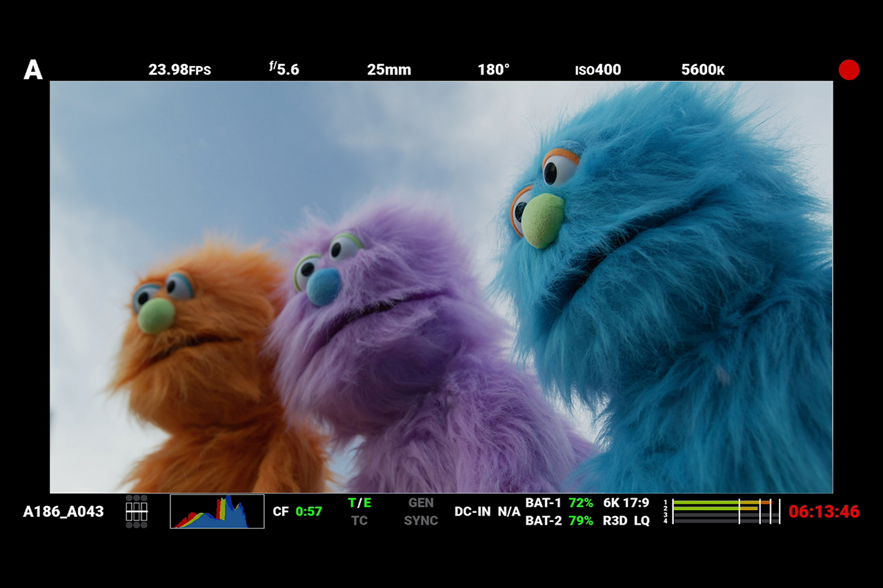 Red Digital Cinema camera monitor screenshot behind the scenes of Christmas short film with three puppets looking amazed at what they see.